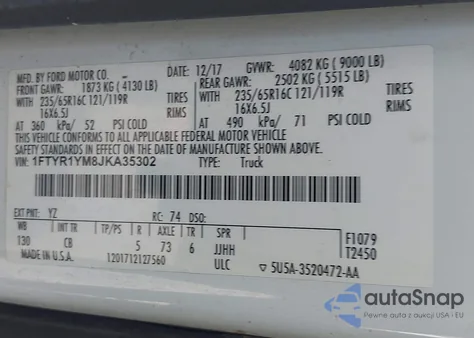 2018 Ford Transit-250 из США, поврежденный, VIN 1FTYR1YM8JKA35302